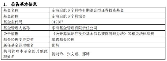 東海啟航6個月混合增聘基金經(jīng)理邵煒